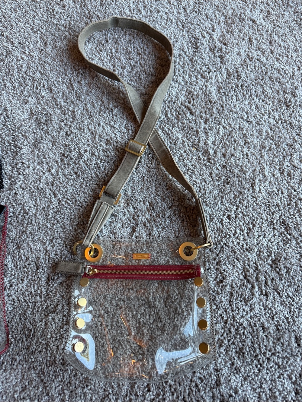 Hammitt Clear Crossbody Bag with Khaki Strap and Red Zip